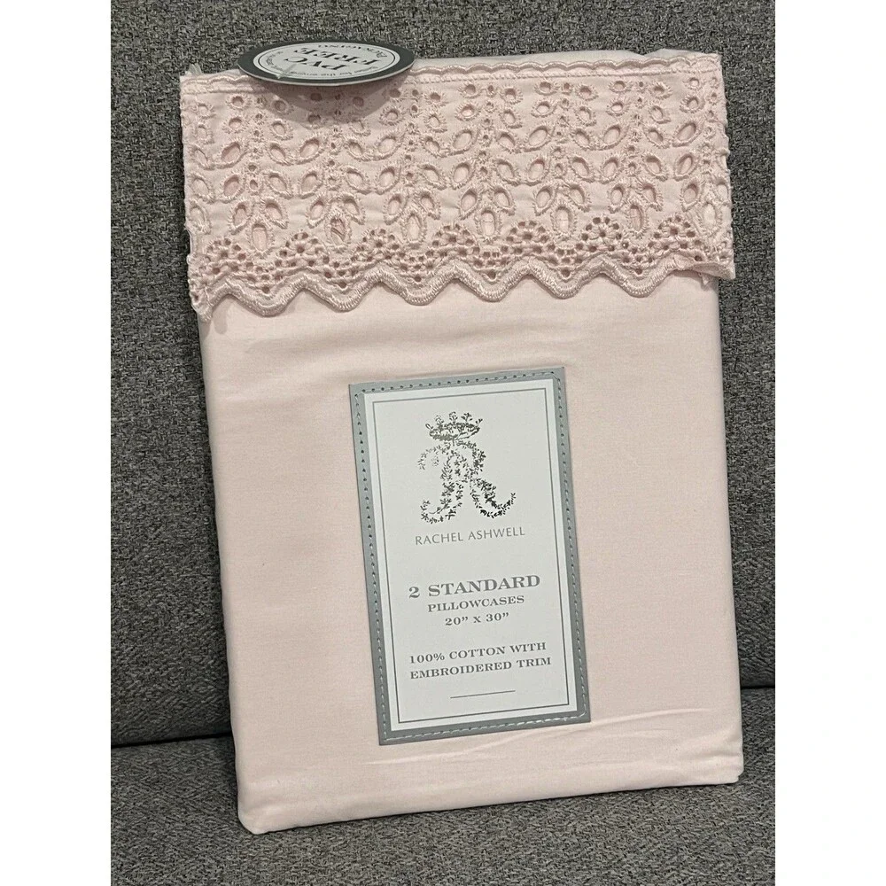Rachel Ashwell Pink Standard Pillowcases COTTON EMBROIDERED Trim New